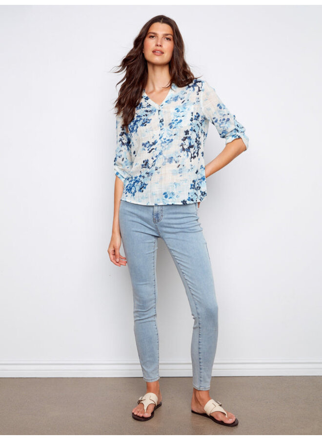 Printed Cotton Gauze Half-Button Blouse