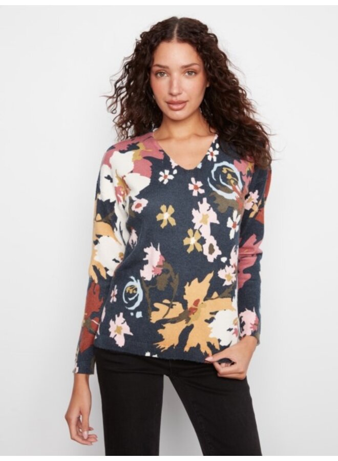 Printed Plush Knit V-Neck Sweater