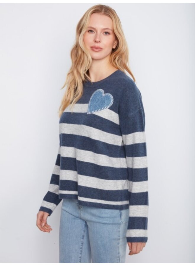 Striped Crew Neck  Heart Patch
