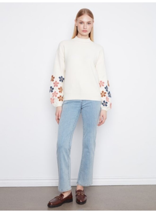 Mock Neck Sweater Knit with  Embroidery