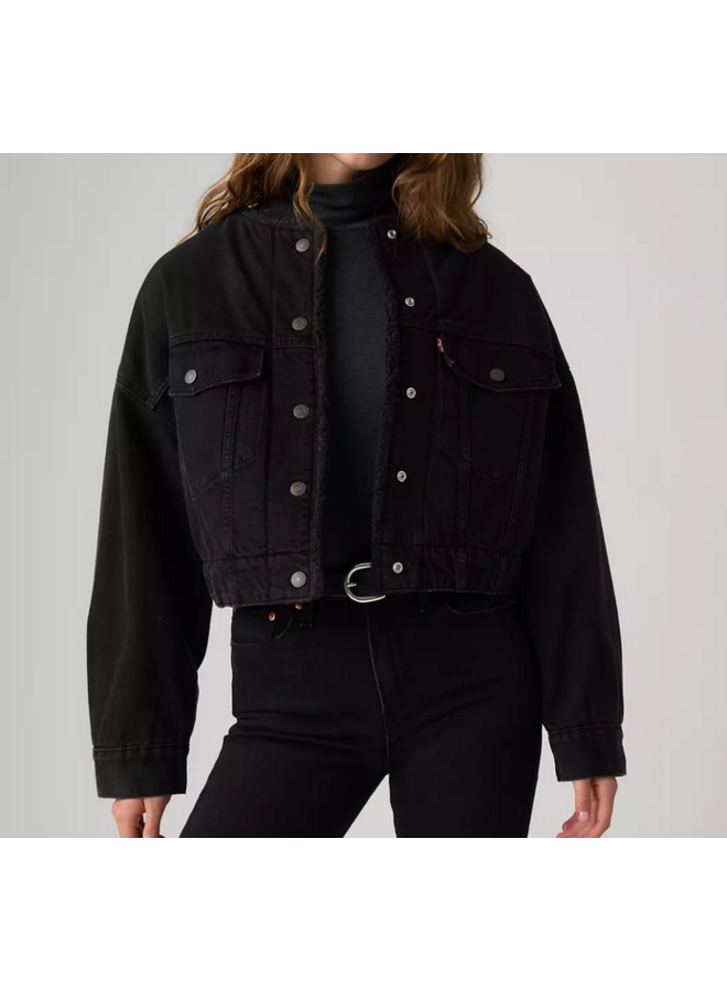 Collarless Crop Sherpa Tucker Jacket
