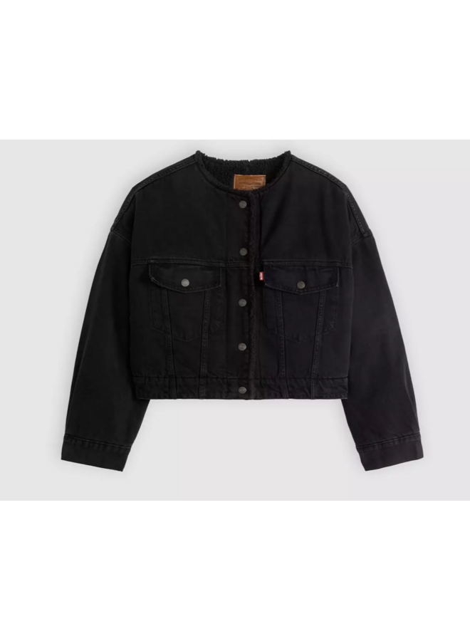 Collarless Crop Sherpa Tucker Jacket