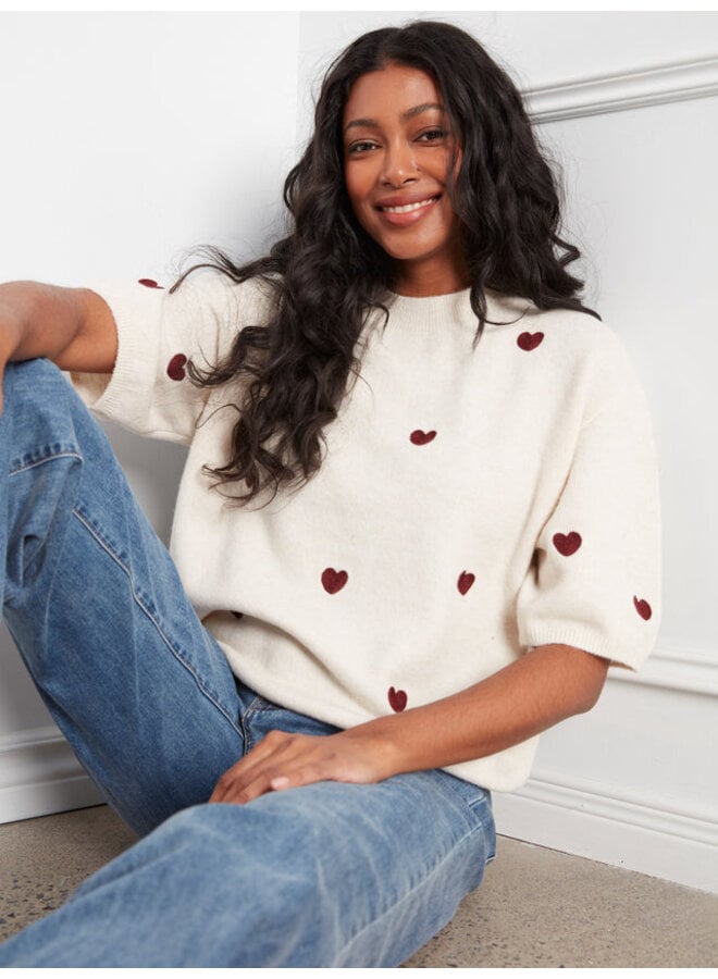 Embroidered Heart Balloon Elbow Sleeve Knit Sweater