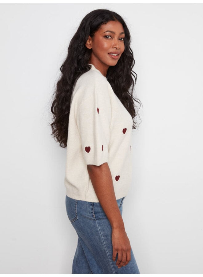 Embroidered Heart Balloon Elbow Sleeve Knit Sweater