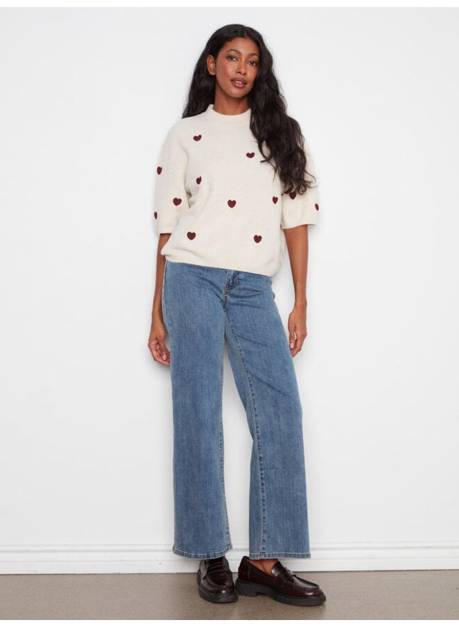 Embroidered Heart Balloon Elbow Sleeve Knit Sweater