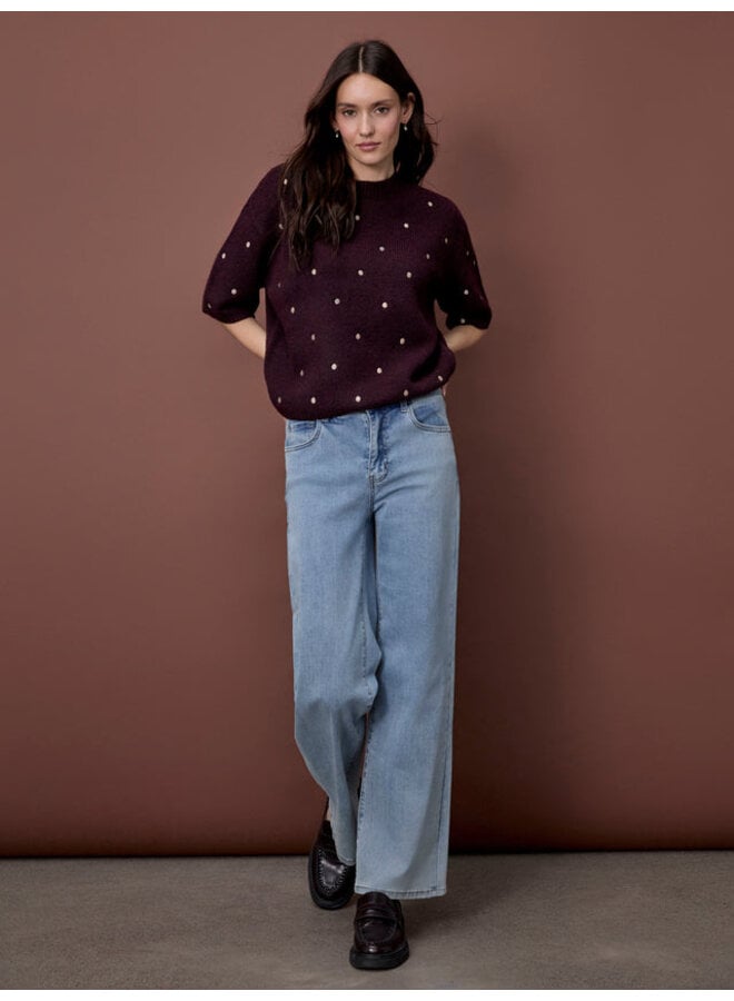 Embroidered Polka Dot Elbow Sleeve Knit Sweater