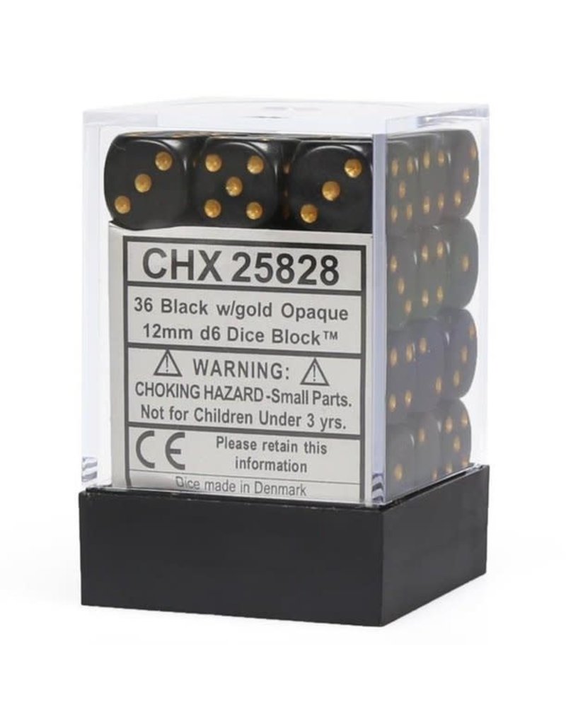 Chessex (CHX) Opaque Black w Gold 12mm D6 Set (36)