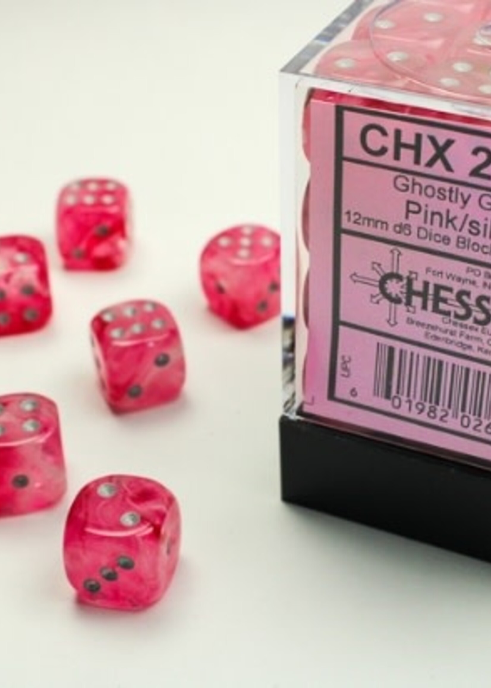 Chessex (CHX) Ghostly Glow pink silver  12mm d6 Set (36)