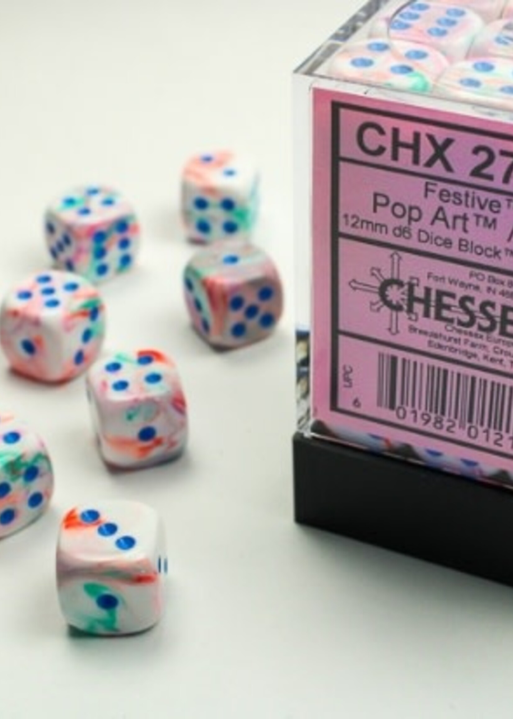 Chessex (CHX) Festive Pop Art w Blue 12mm d6 Set (36)