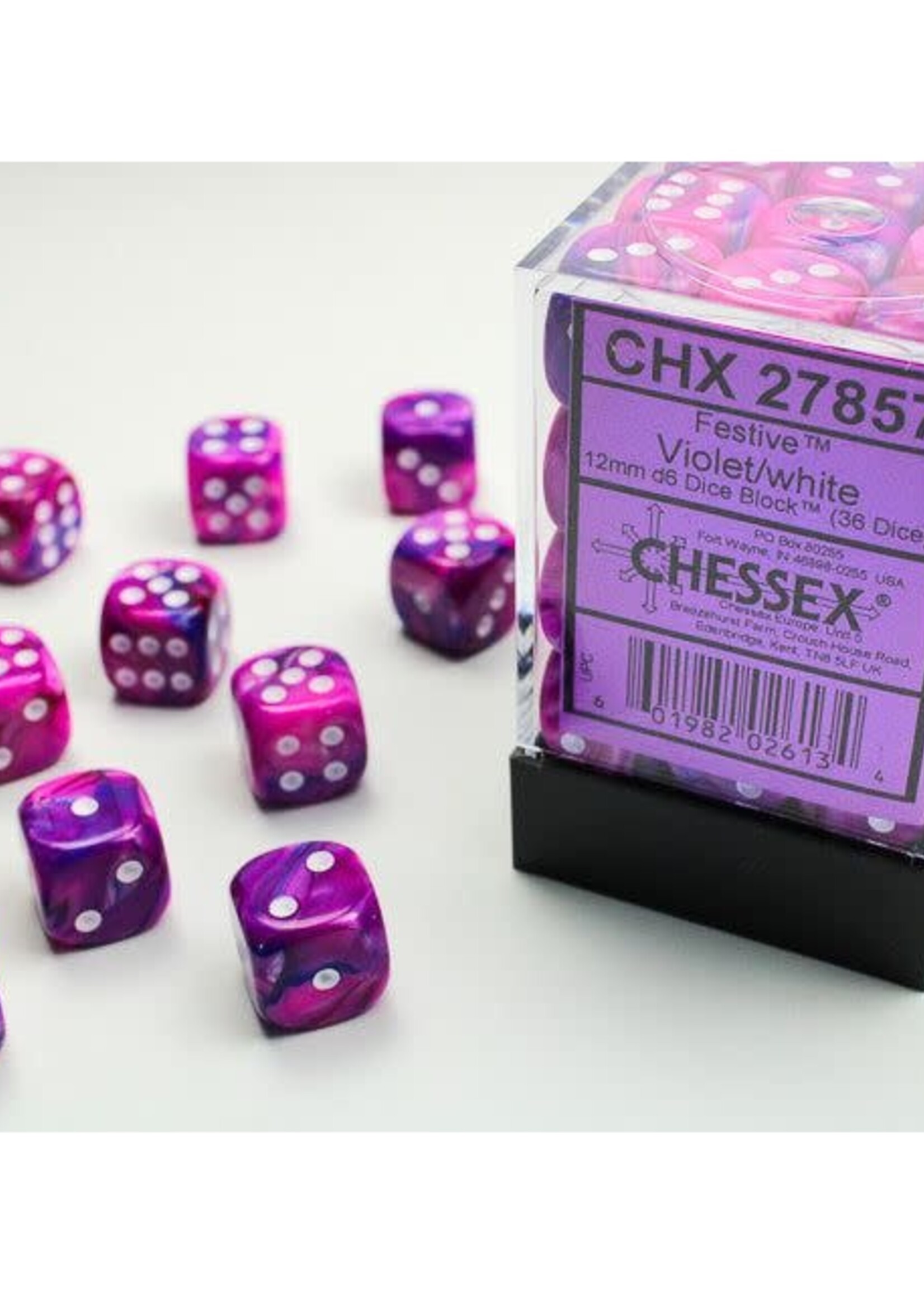 Chessex (CHX) Festive Violet w White 12mm d6 set (36)