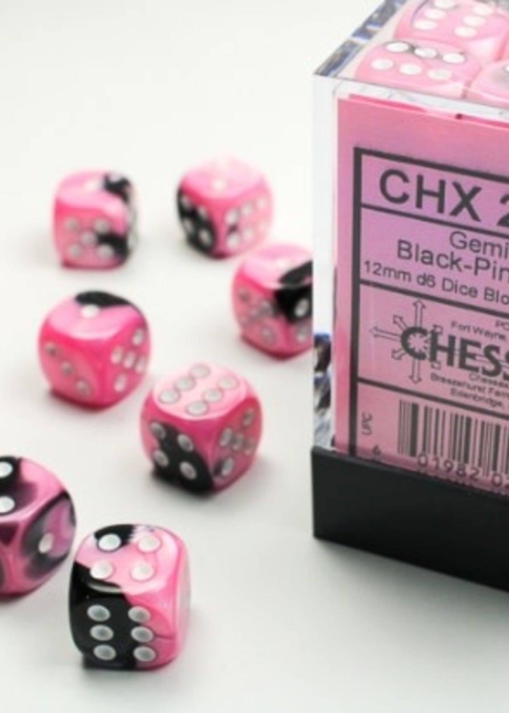 Chessex (CHX) Gemini Black & Pink w White 12mm d6 Set (36)