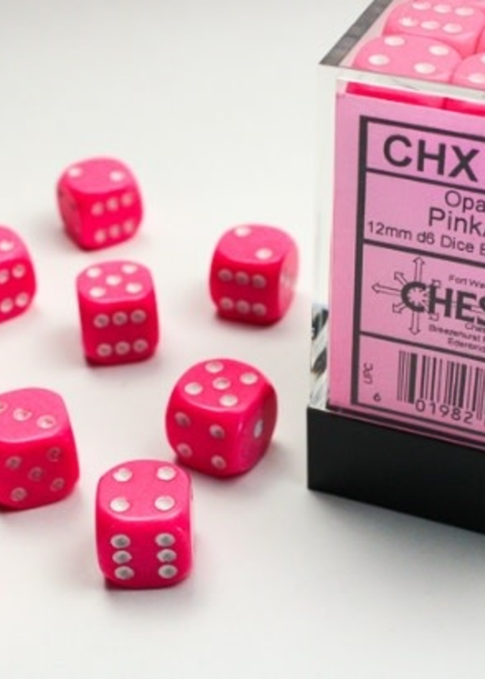 Chessex (CHX) Opaque Pink w White 12mm d6 set (36)