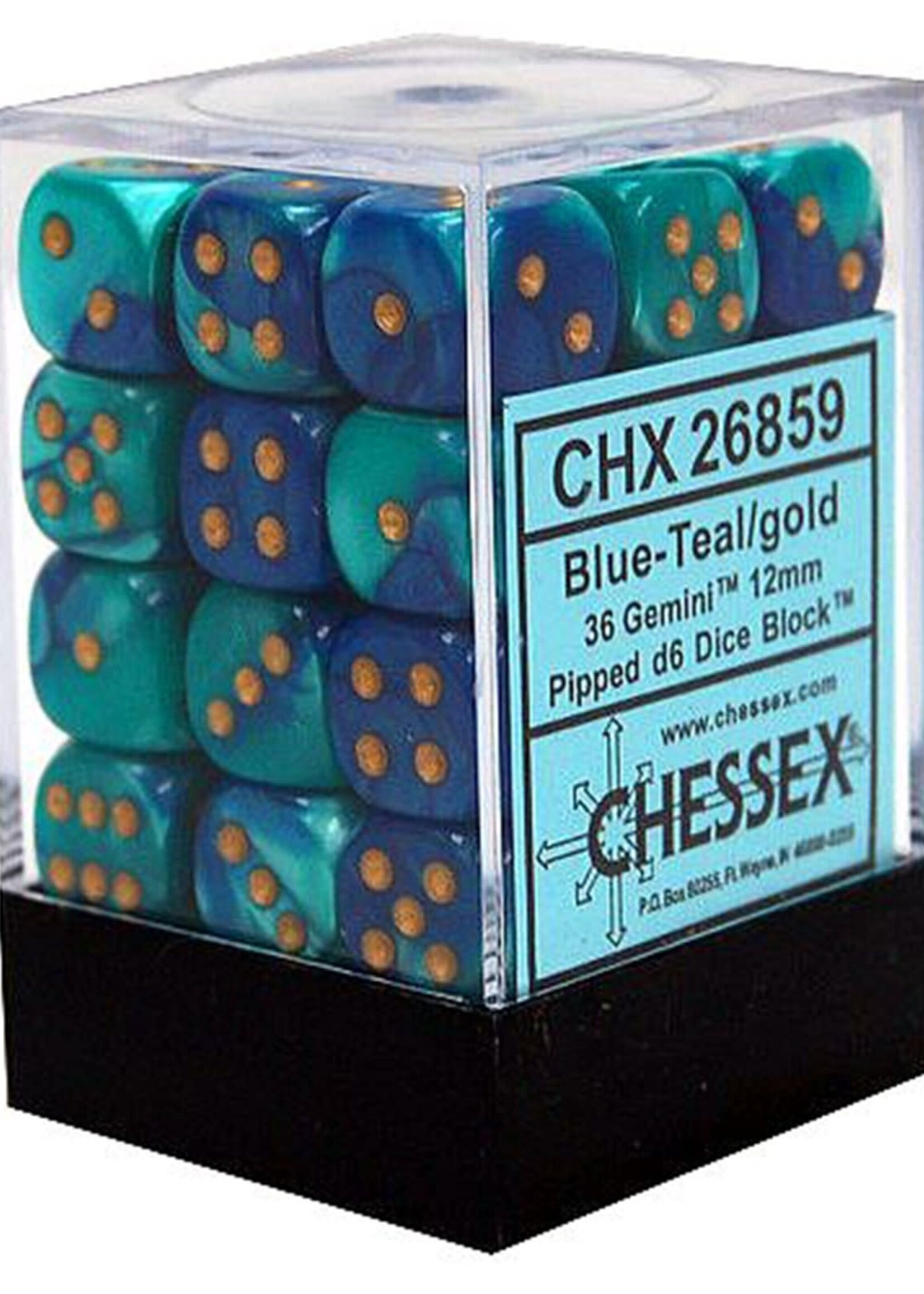 Chessex (CHX) Gemini Blue & Teal w Gold 12mm d6 Set (36)
