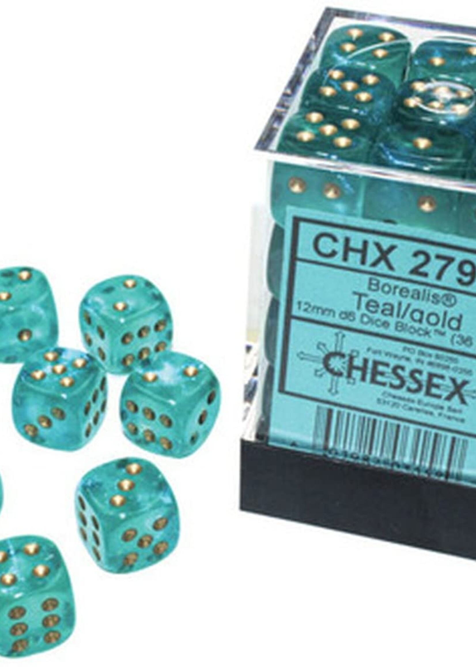 Chessex (CHX) Borealis Luminary Teal w Gold 12mm d6 Set (36)