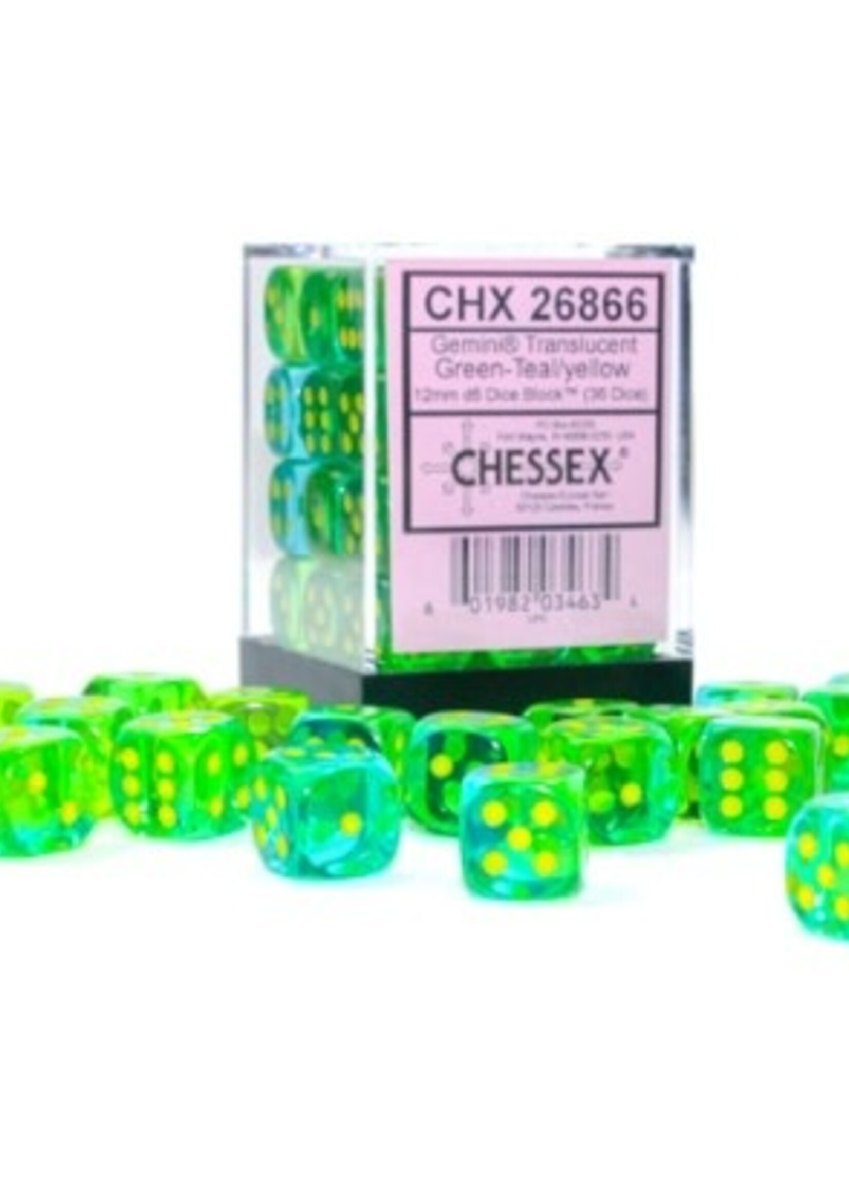 Chessex (CHX) Gemini Translucent Green & Teal w Yellow 12mm d6 set (36)