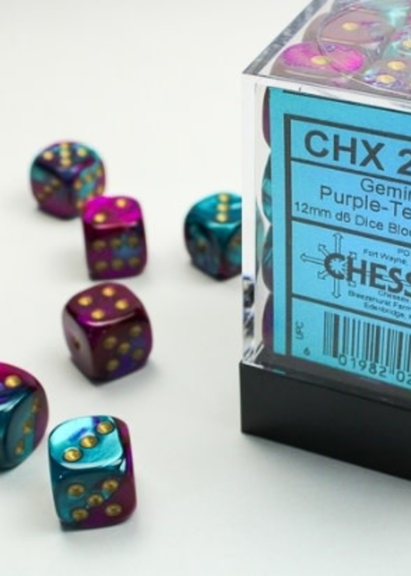 Chessex (CHX) Gemini Purple & Teal w Gold 12mm d6 Set (36)
