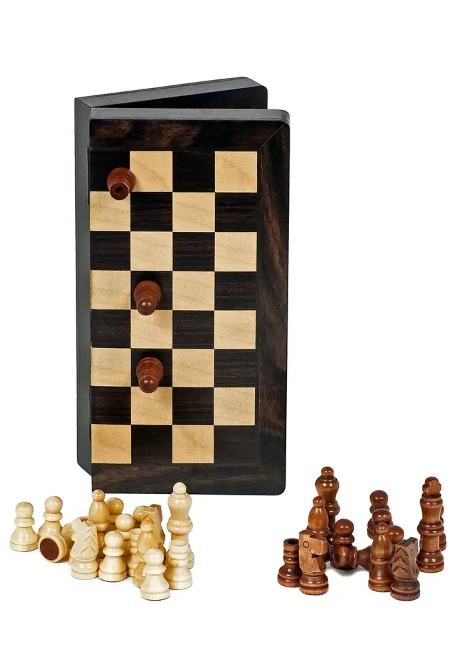 Wood Expressions Magnetic Folding Black Stained Wood Chess Set - 8 in.