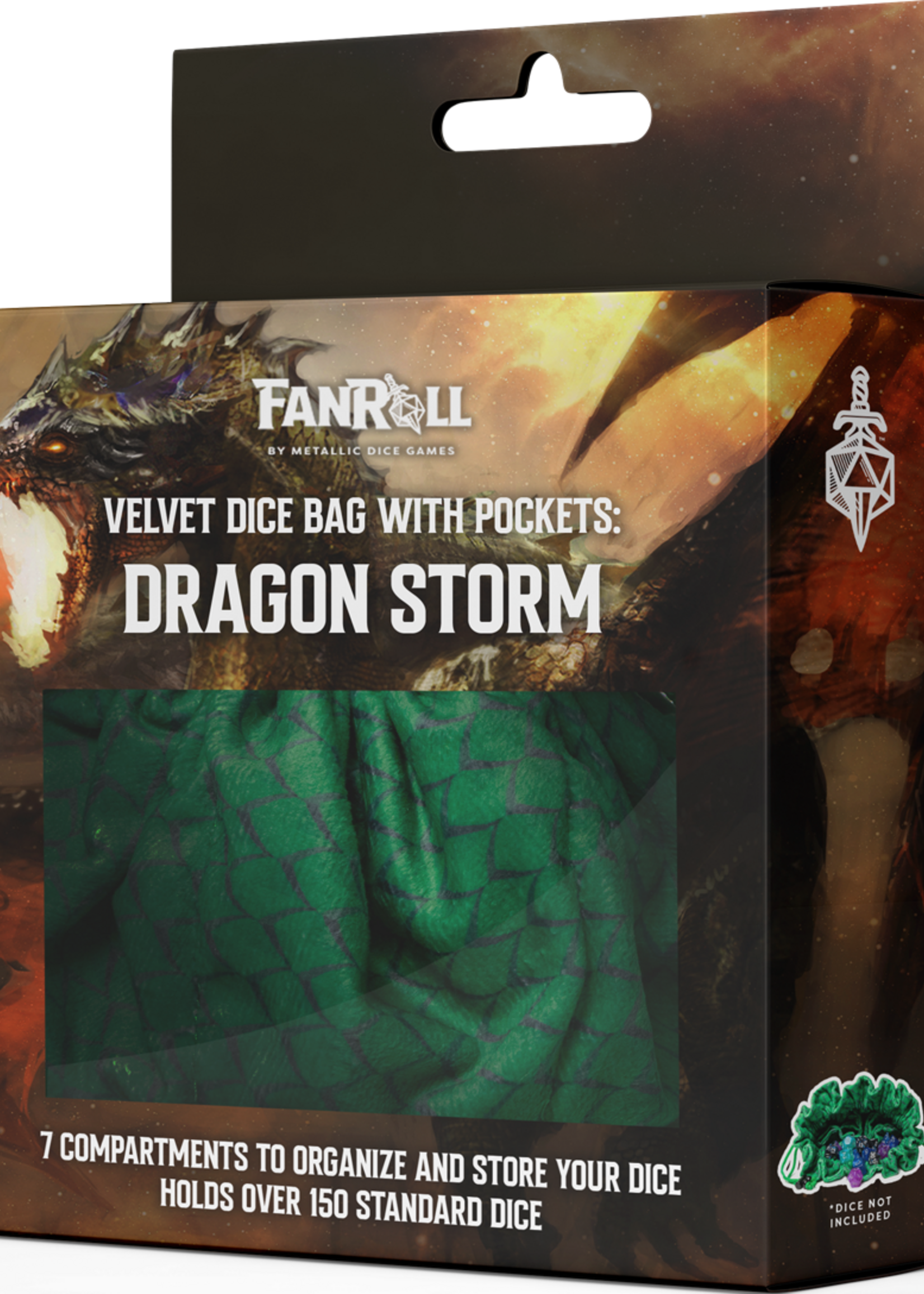 FanRoll by Metallic Dice Games (MDG) Velvet Dice Bag w Pockets - Dragon Storm Green