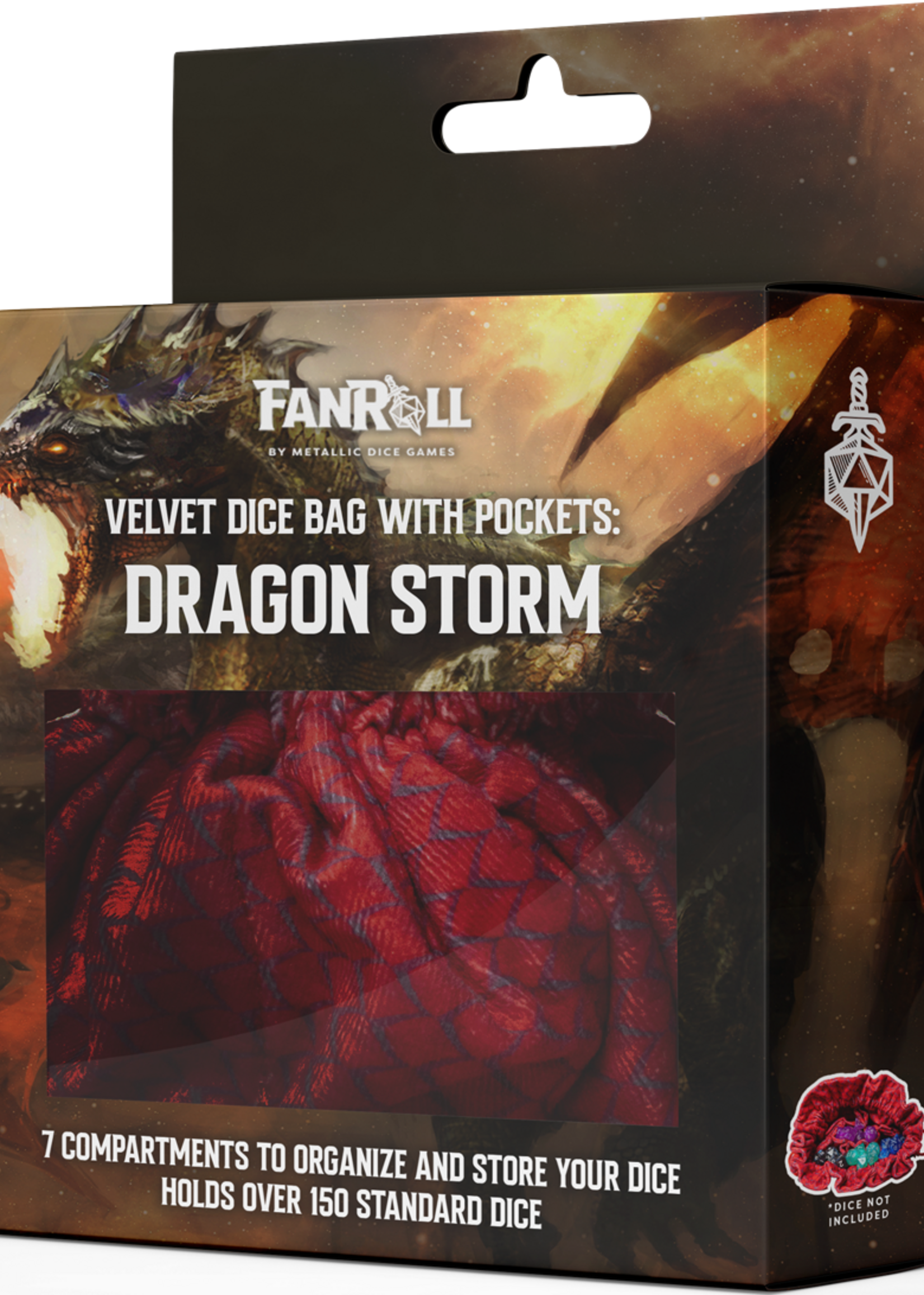 FanRoll by Metallic Dice Games (MDG) Velvet Dice Bag w Pockets - Dragon Storm Red