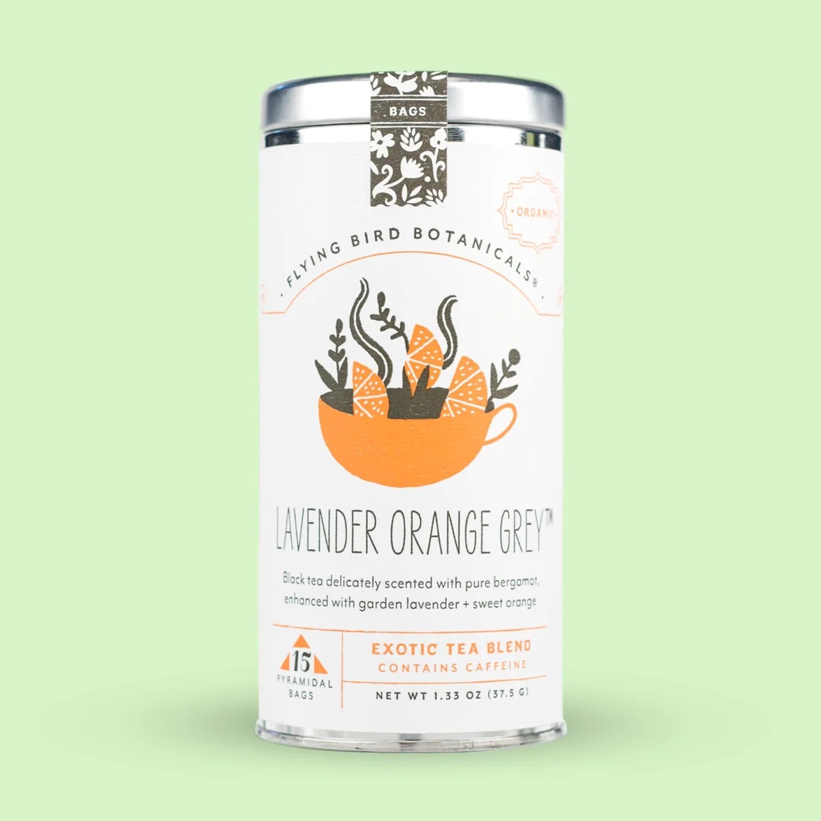 Treehouse Originals Flying bird Botanical lavender orange grey tea bag tea tin