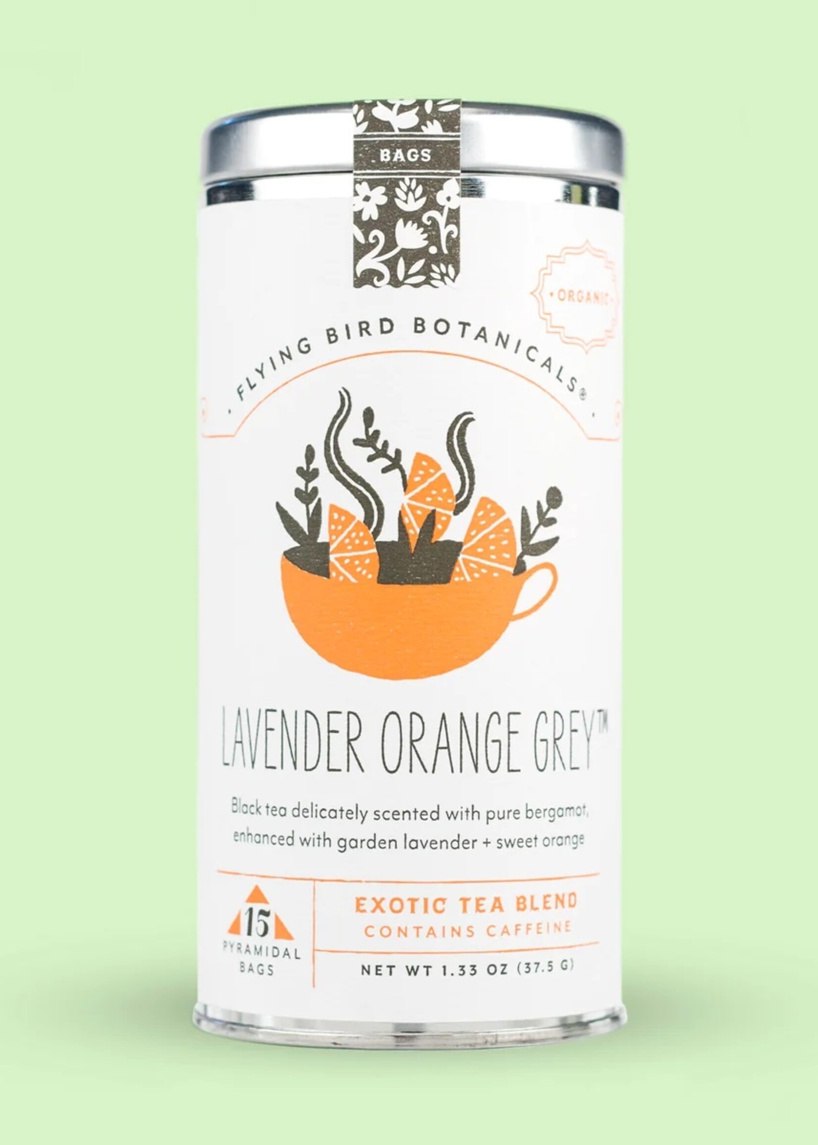 Treehouse Originals Flying bird Botanical lavender orange grey tea bag tea tin