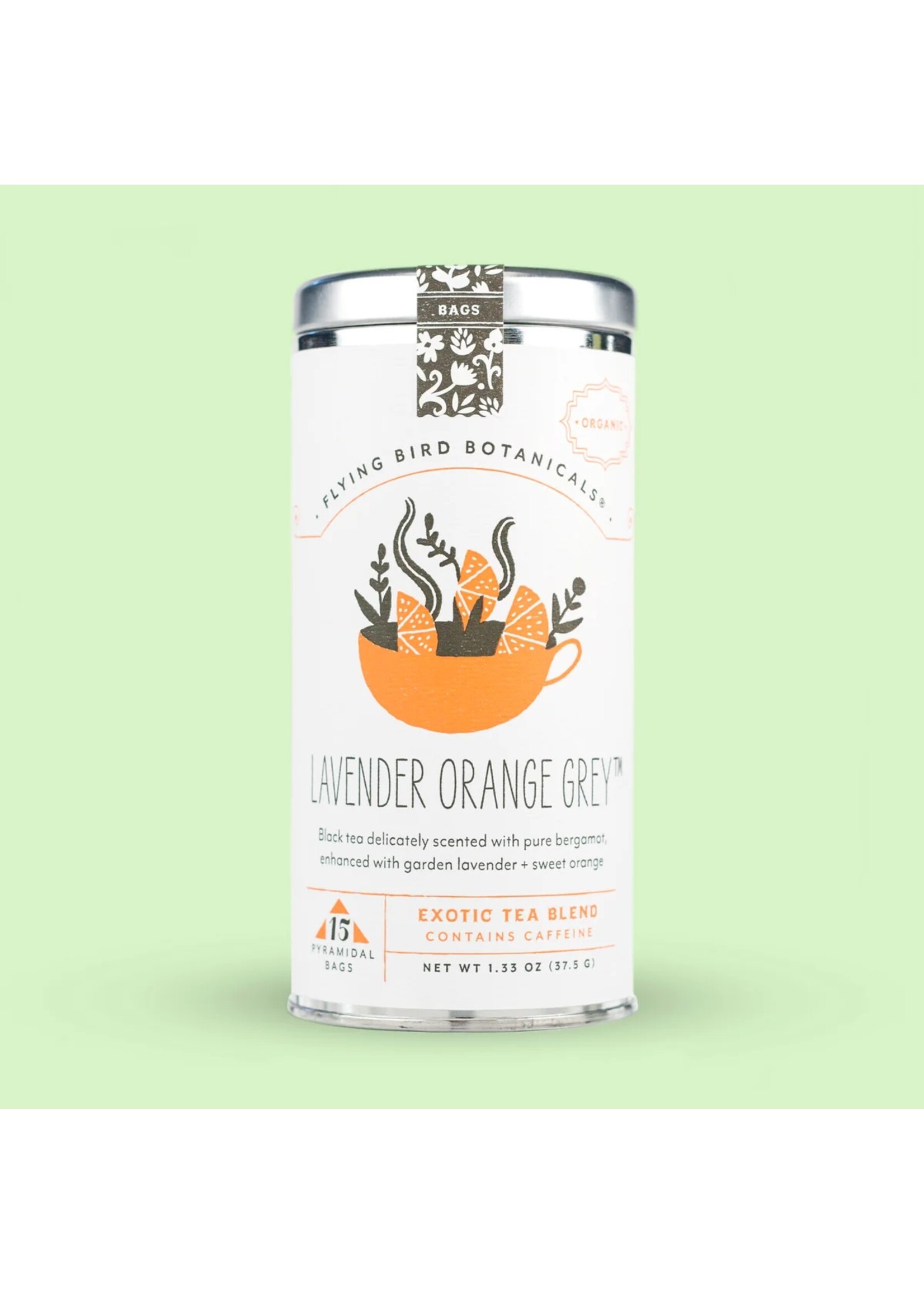 Treehouse Originals Flying bird Botanical lavender orange grey tea bag tea tin
