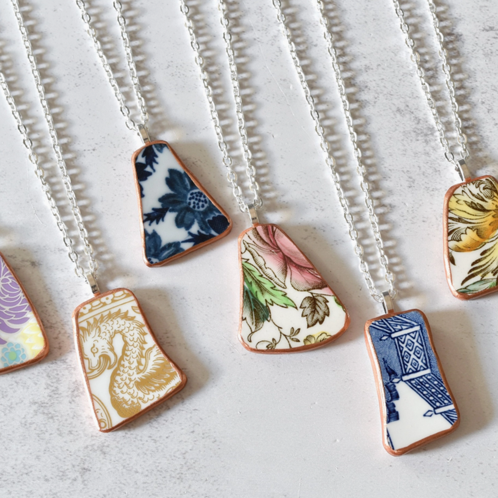 the broken plate co The Broken Plate Shard Necklace  Mixed Patterns Rose Gold Porcelain Paint