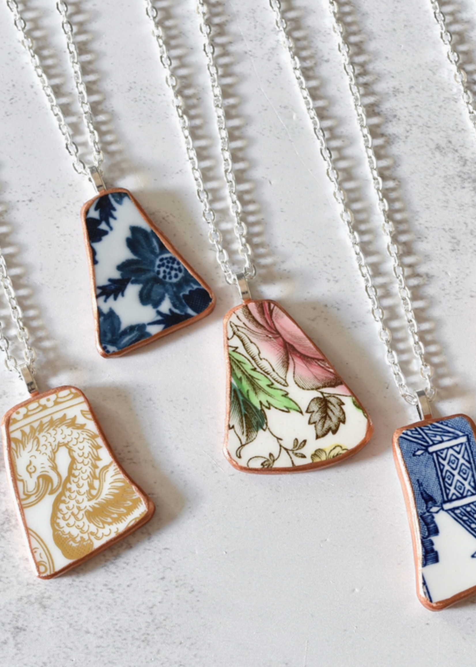 the broken plate co The Broken Plate Shard Necklace  Mixed Patterns Rose Gold Porcelain Paint