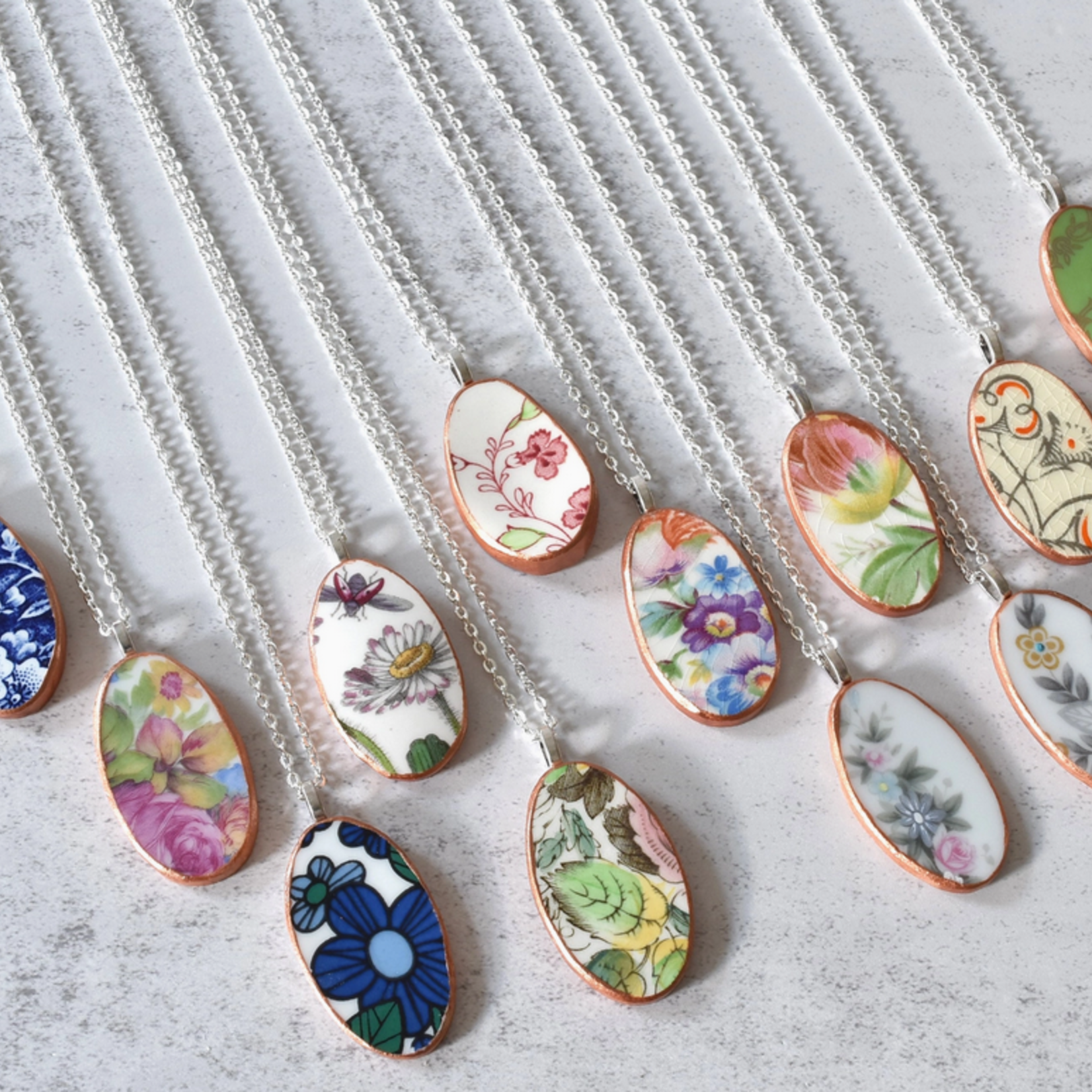 the broken plate co The Broken Plate  Oval Necklace  Mixed Patterns Rose Gold Porcelain Paint