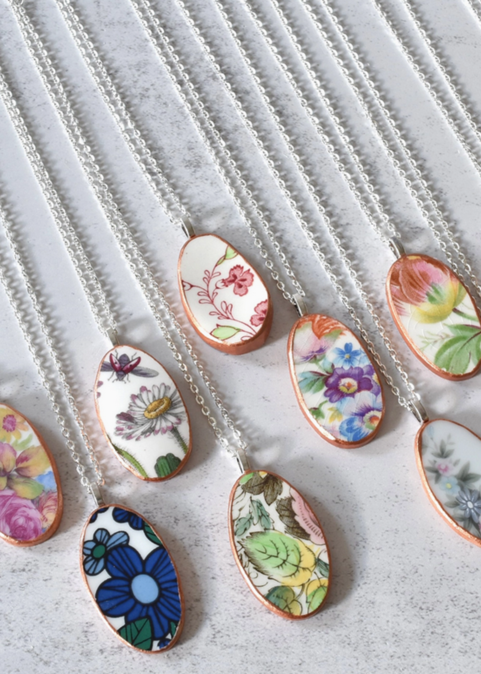 the broken plate co The Broken Plate  Oval Necklace  Mixed Patterns Rose Gold Porcelain Paint