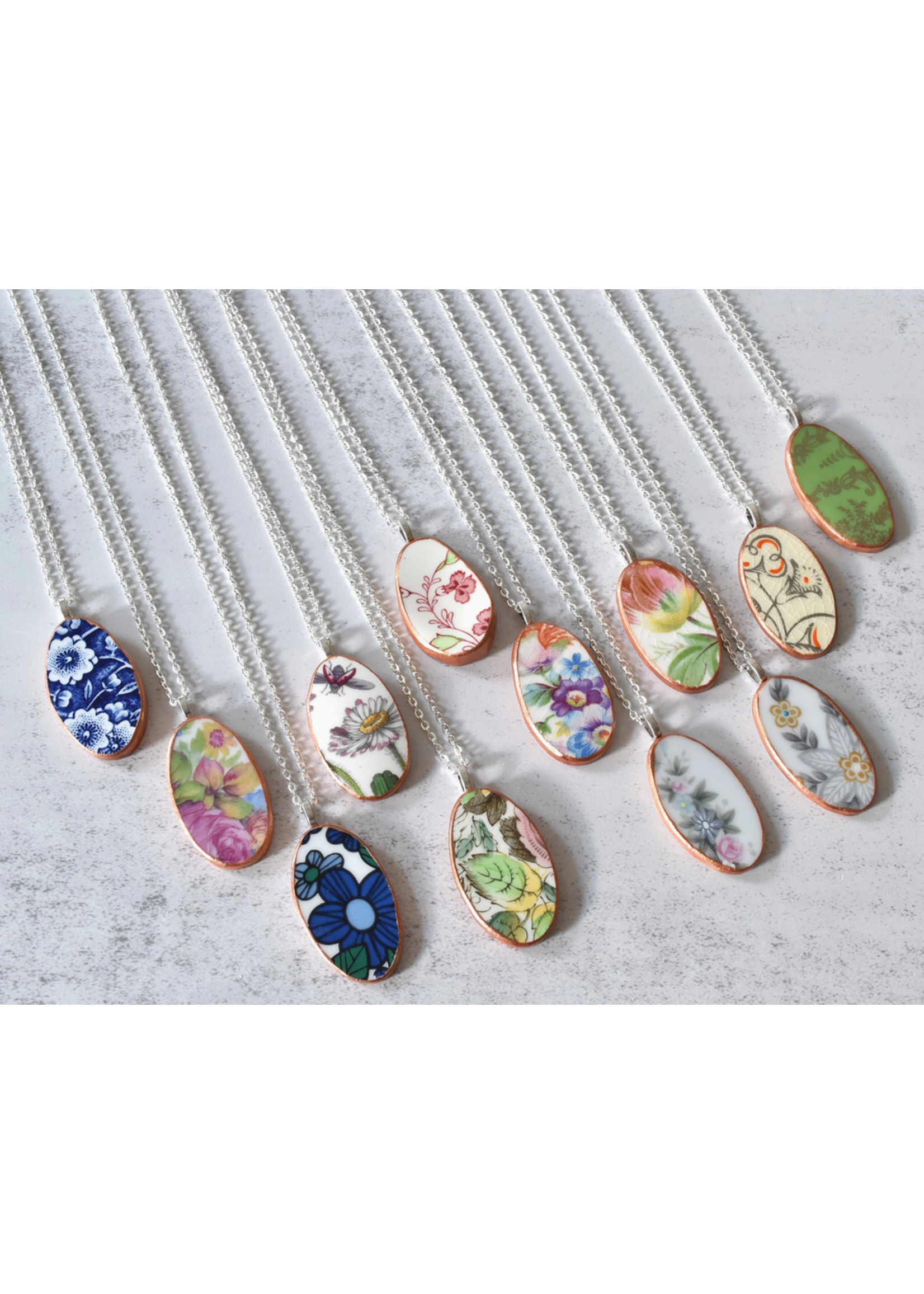the broken plate co The Broken Plate  Oval Necklace  Mixed Patterns Rose Gold Porcelain Paint
