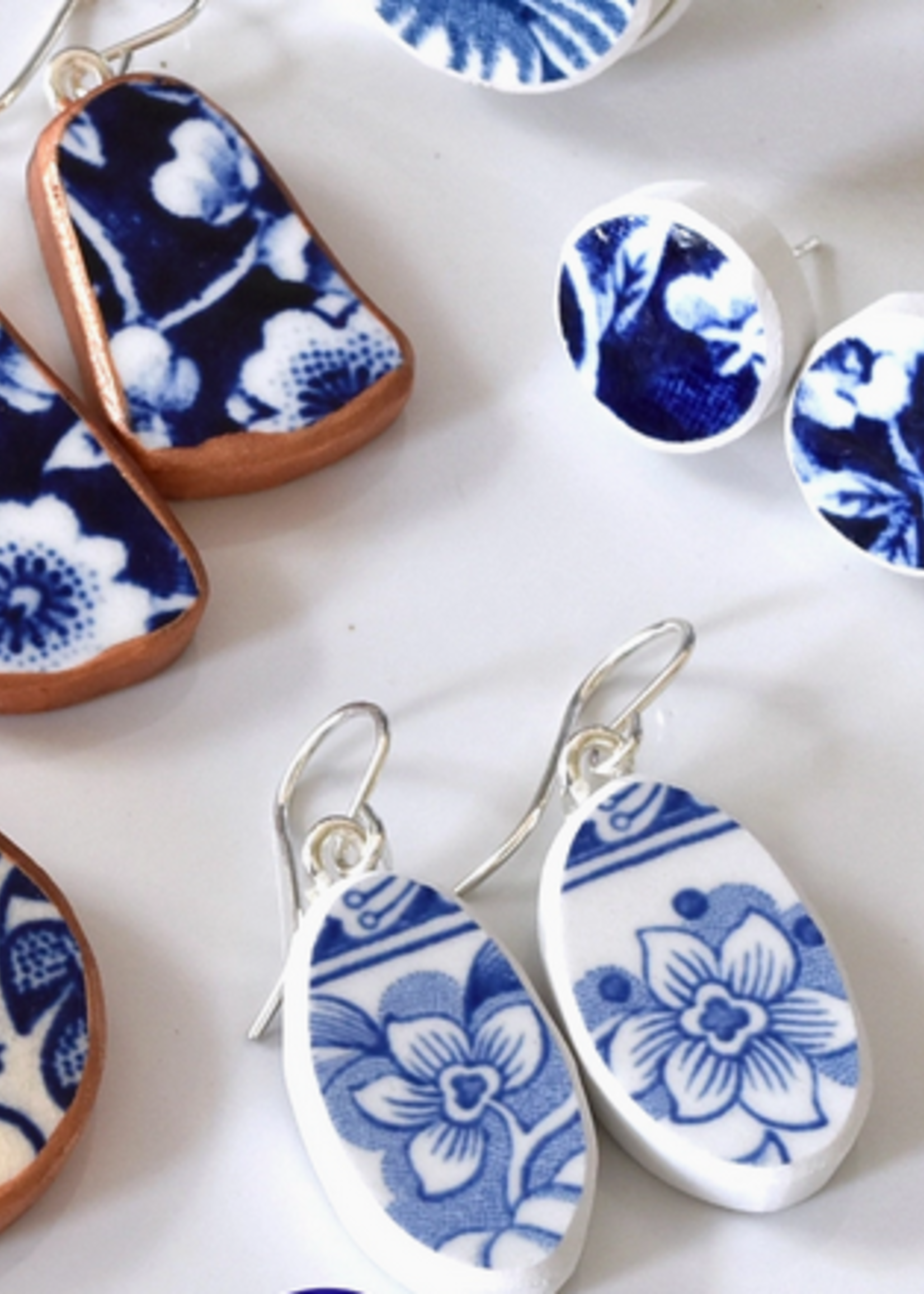 the broken plate co The Broken Plate   Dangle Earring  Shard Shape Blue and White Only White Edge