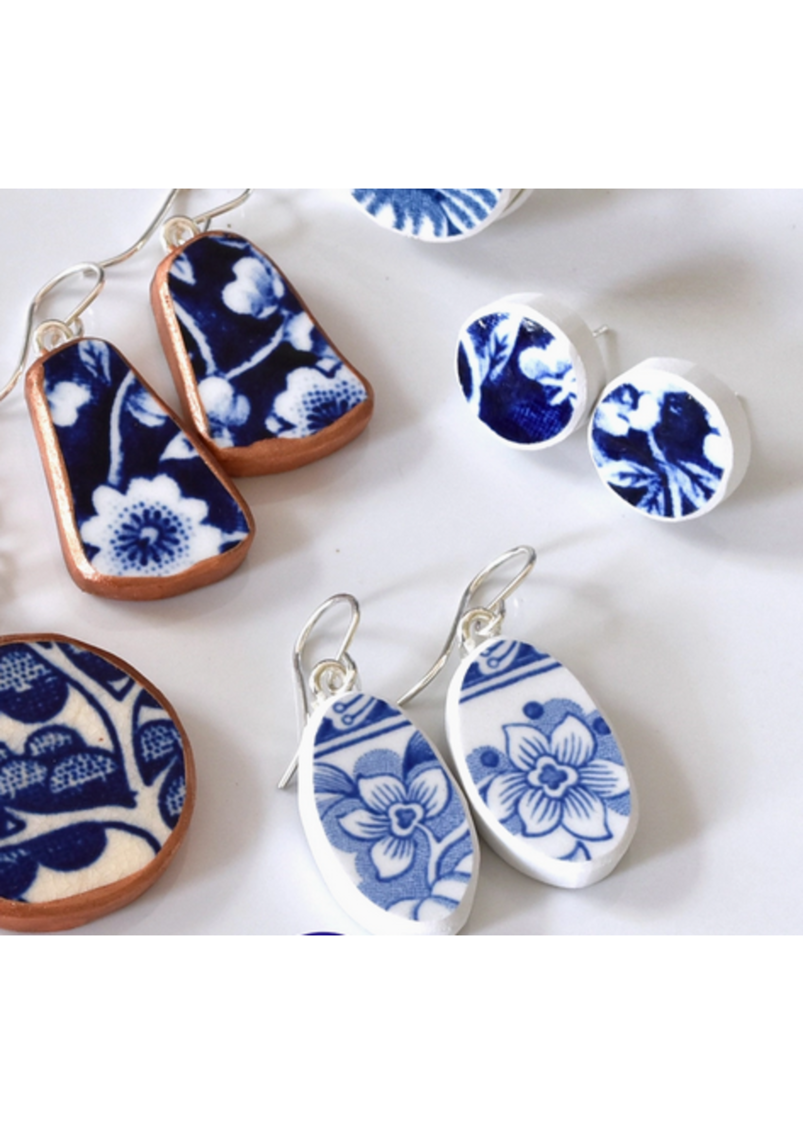 the broken plate co The Broken Plate   Dangle Earring  Shard Shape Blue and White Only White Edge