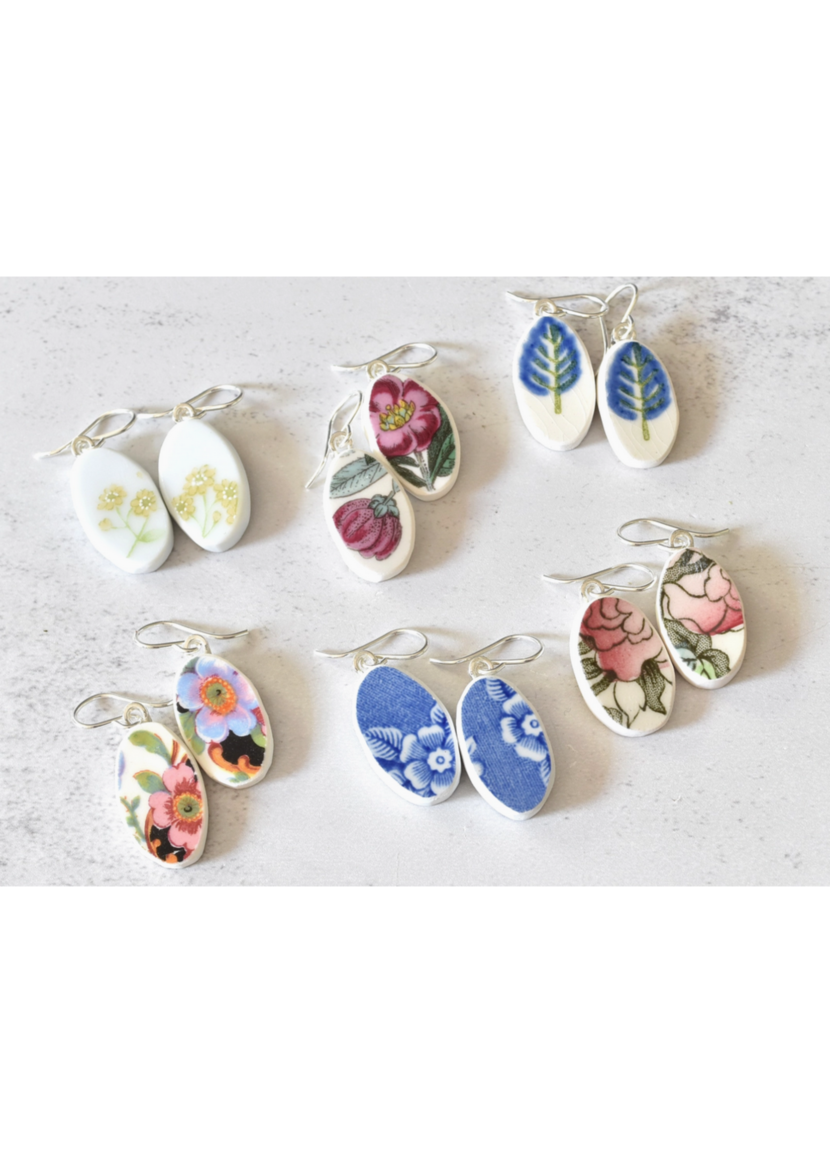 the broken plate co The Broken Plate  Dangle Earring Oval Shape Mixed Patterns White Edge