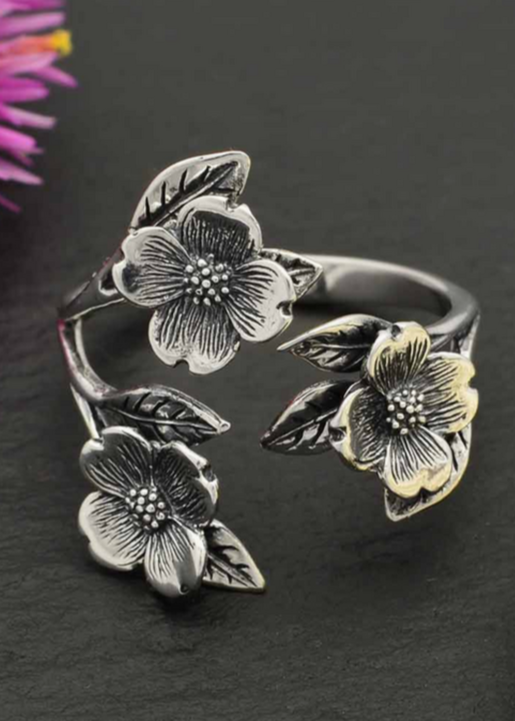 Nina Designs Nd Sterling Silver Adjustable Dogwood Flower and Leaf Ring R194