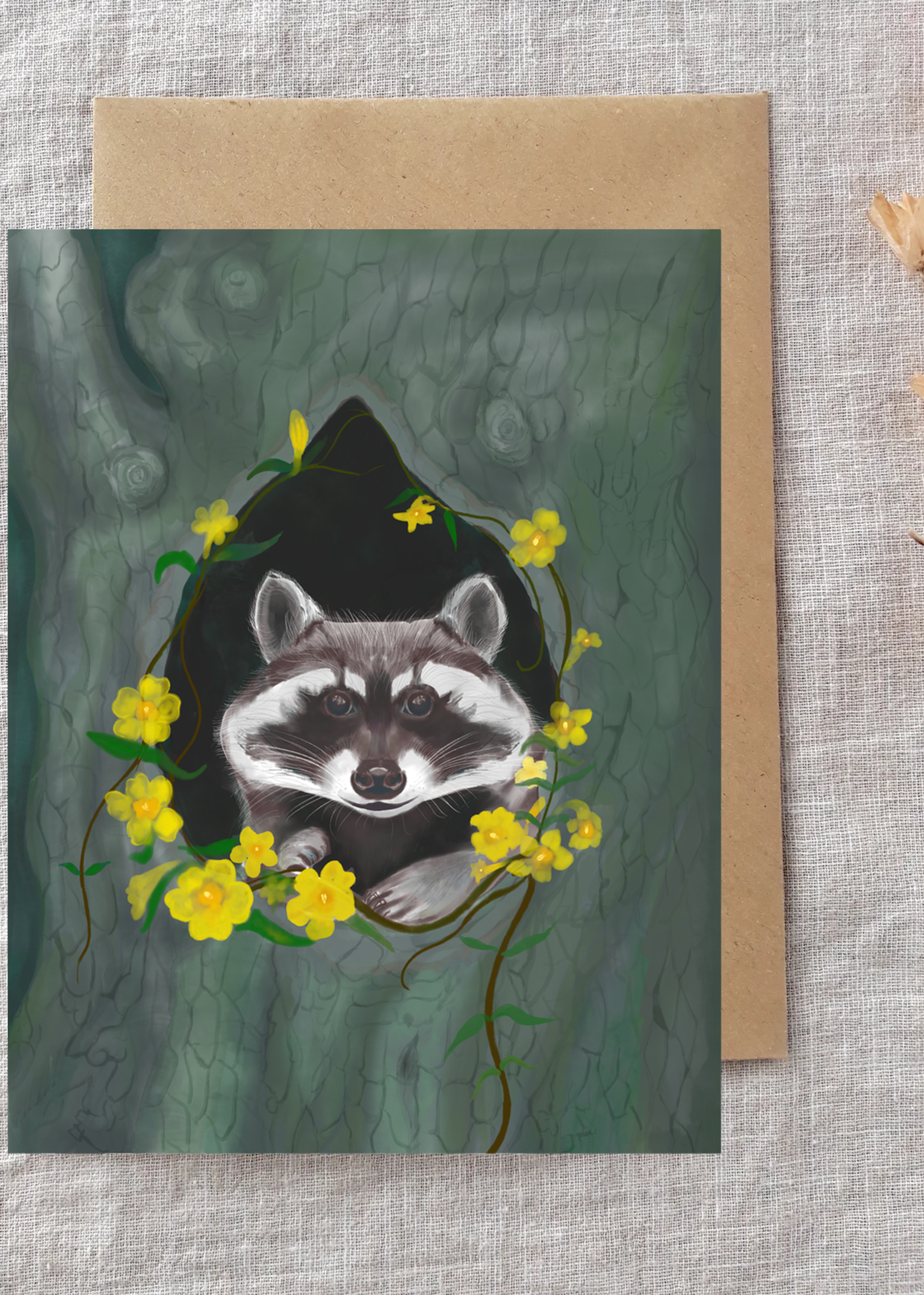 My Muses Card Shop My Muses Card Shop bright faces Raccoon & Carolina Jessamine Greeting Cards