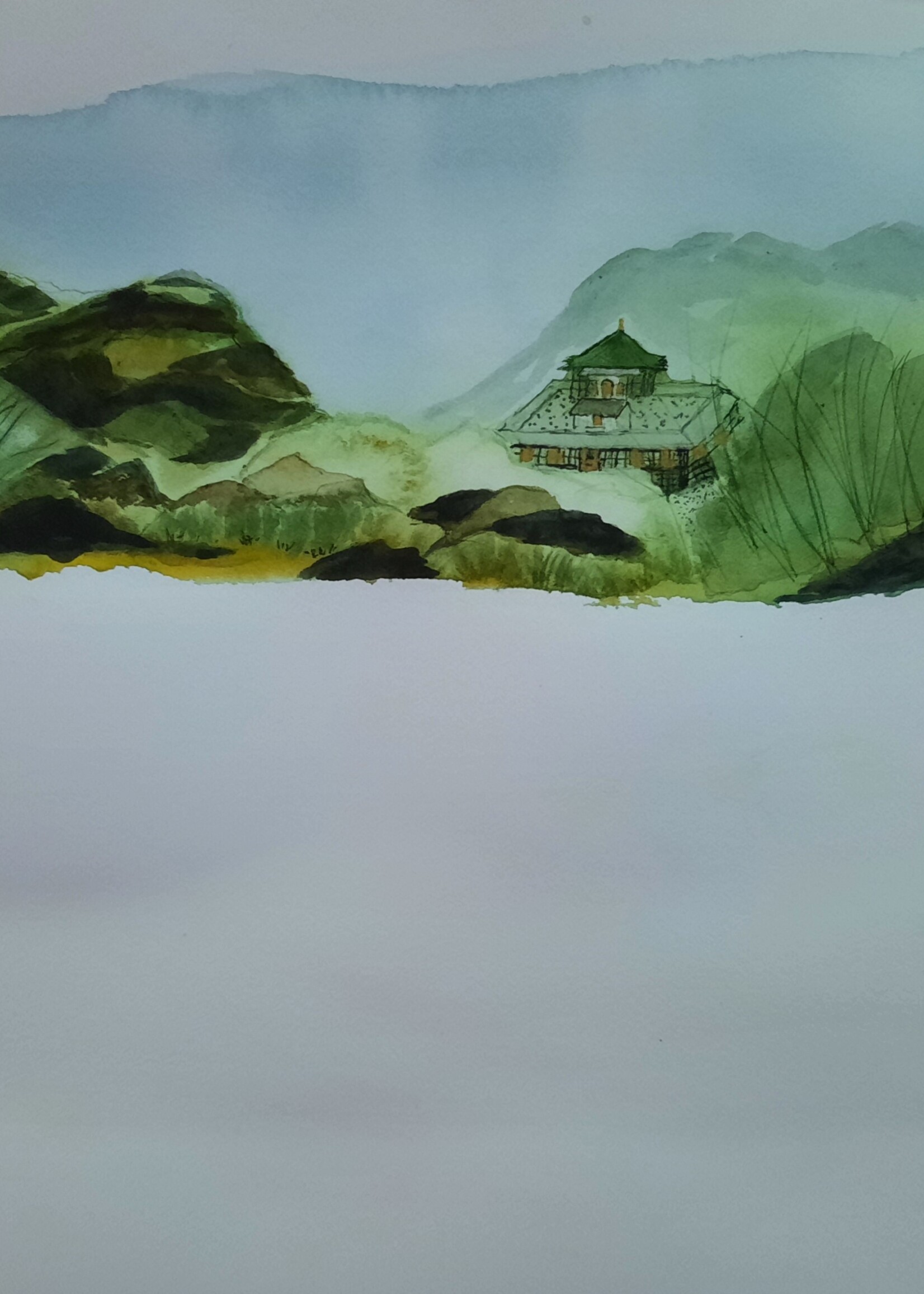 Rachel Mills Temple in the Hills Watercolor 21 x 17.5 Muse Gallery