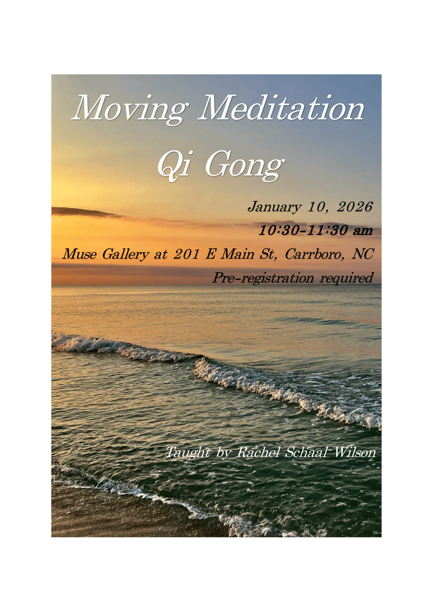 Rachel E Schaal Wilson Moving Meditation Qi Gong with Rachel ( Jan 10th, 10:30 am - 11:30 am  )