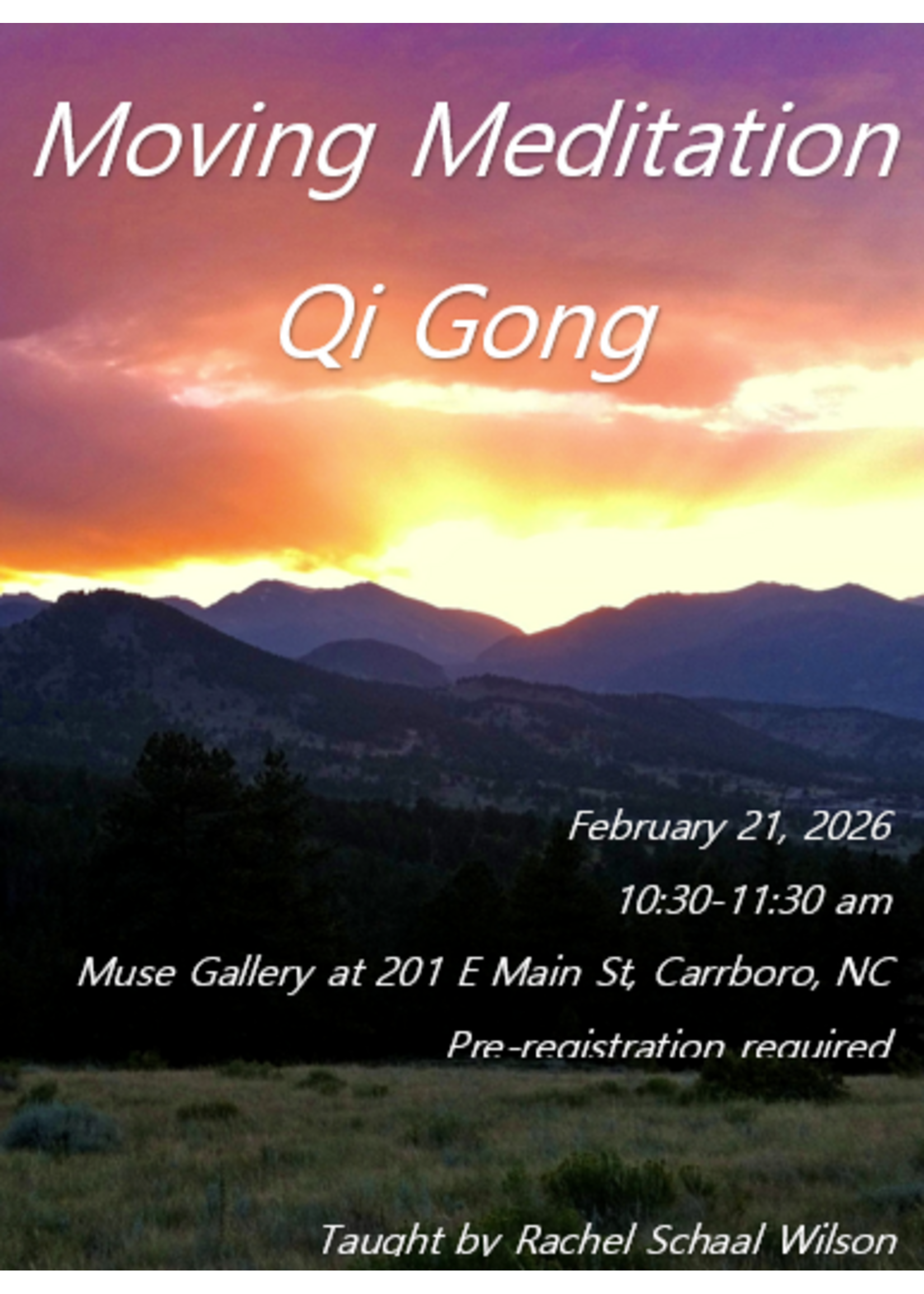 Rachel E Schaal Wilson Moving Meditation Qi Gong with Rachel ( Feb 21st , 10:30 am - 11:30 am )