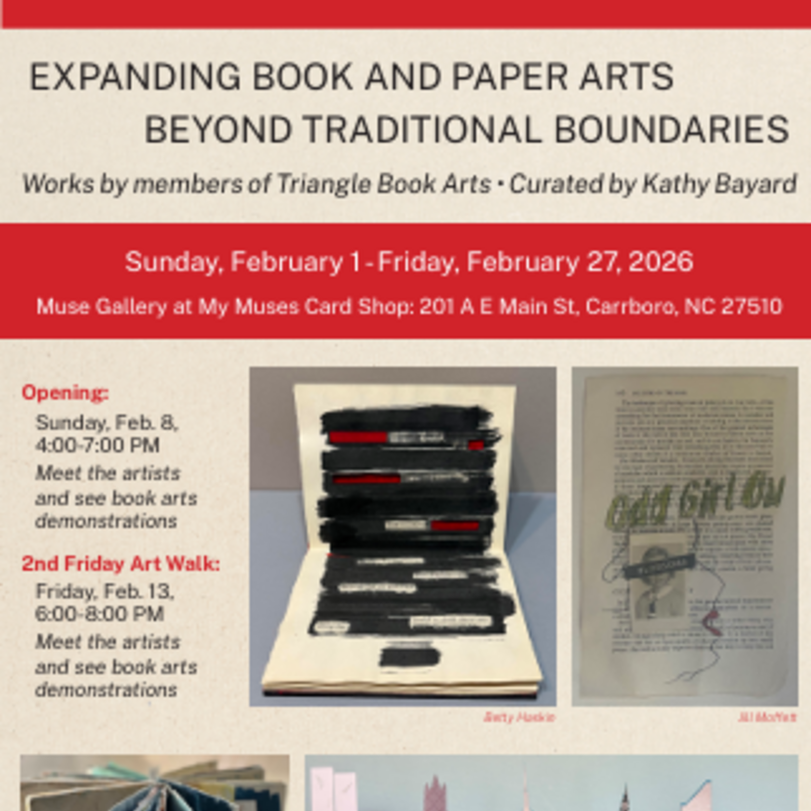 Muse Gallery 2nd Friday Art Walk | Pulp / Fiction  with Triangle Book Arts Coptic Demonstration (Feb 13th, 2026)