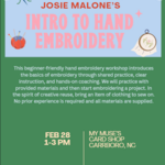Josie Malone Hand Embroidery Workshop with Josie : How to Chain Stitch (Feb 28th, 2026)