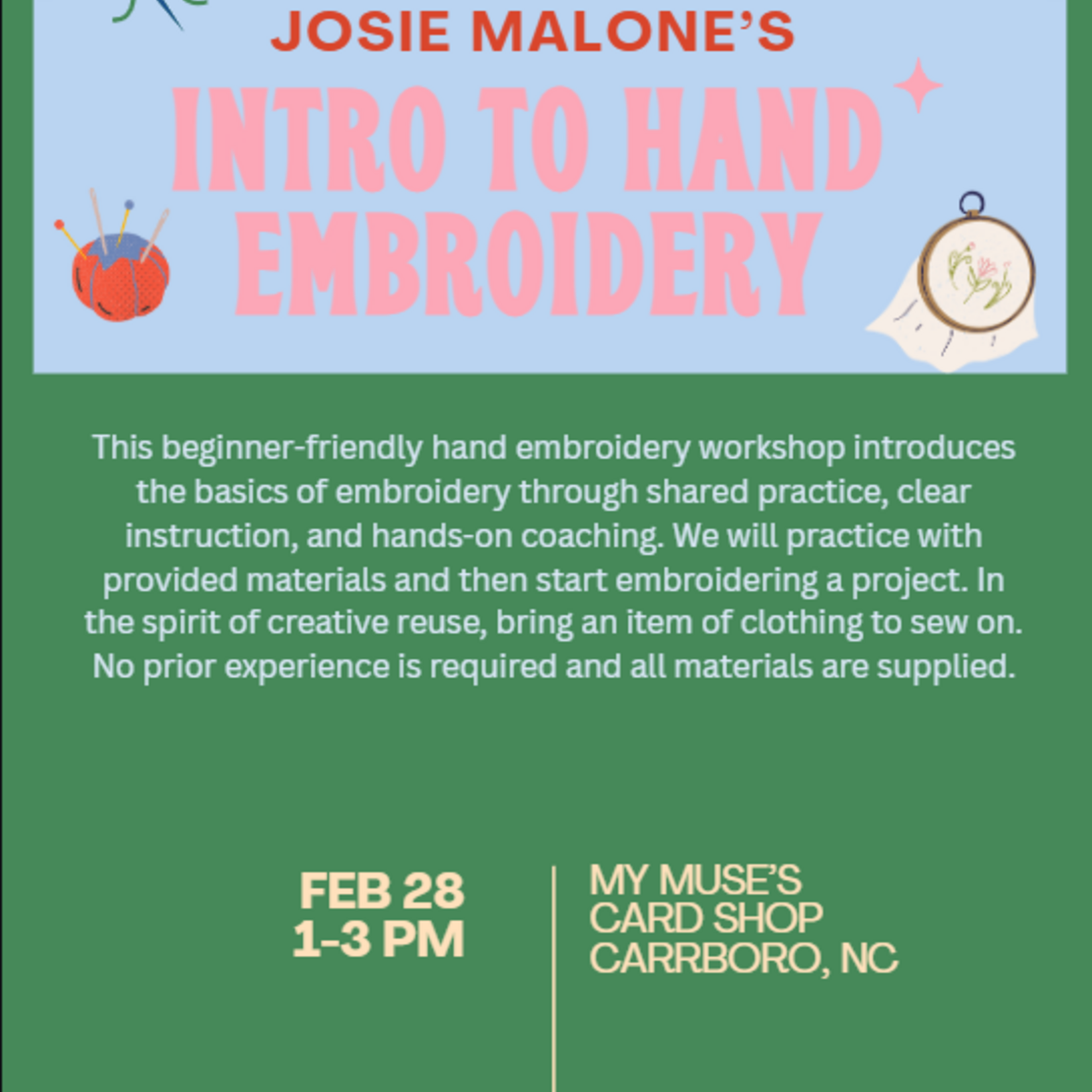 Josie Malone Hand Embroidery Workshop with Josie : How to Chain Stitch (Feb 28th, 2026)
