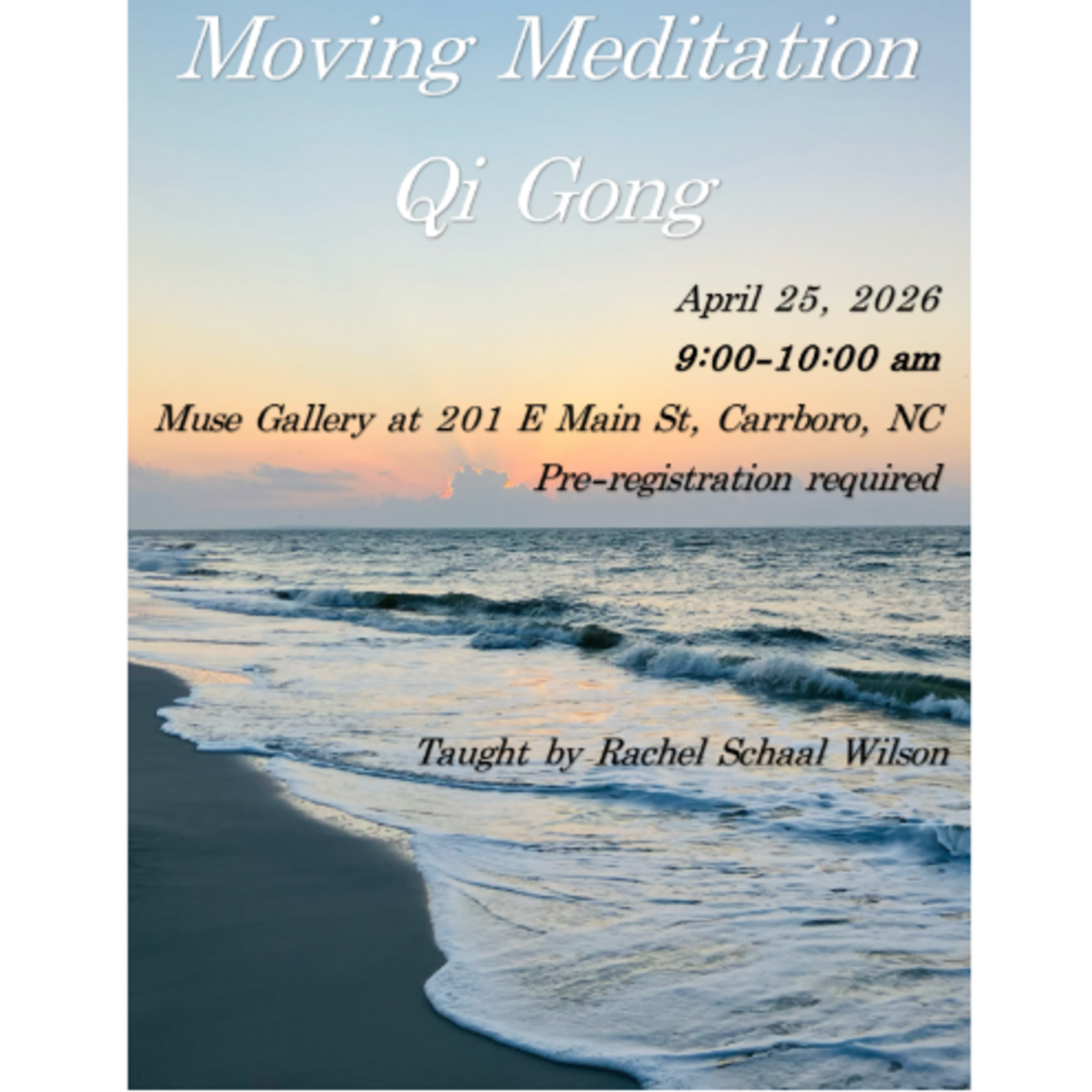 Rachel E Schaal Wilson Moving Meditation Qi Gong with Rachel (April 25th , 9:00 am - 10:00 am)