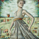 Sudie Rakusin , Woman with Persimmon: Even perception is a choice ,  36” h x 36” w , Muse Gallery