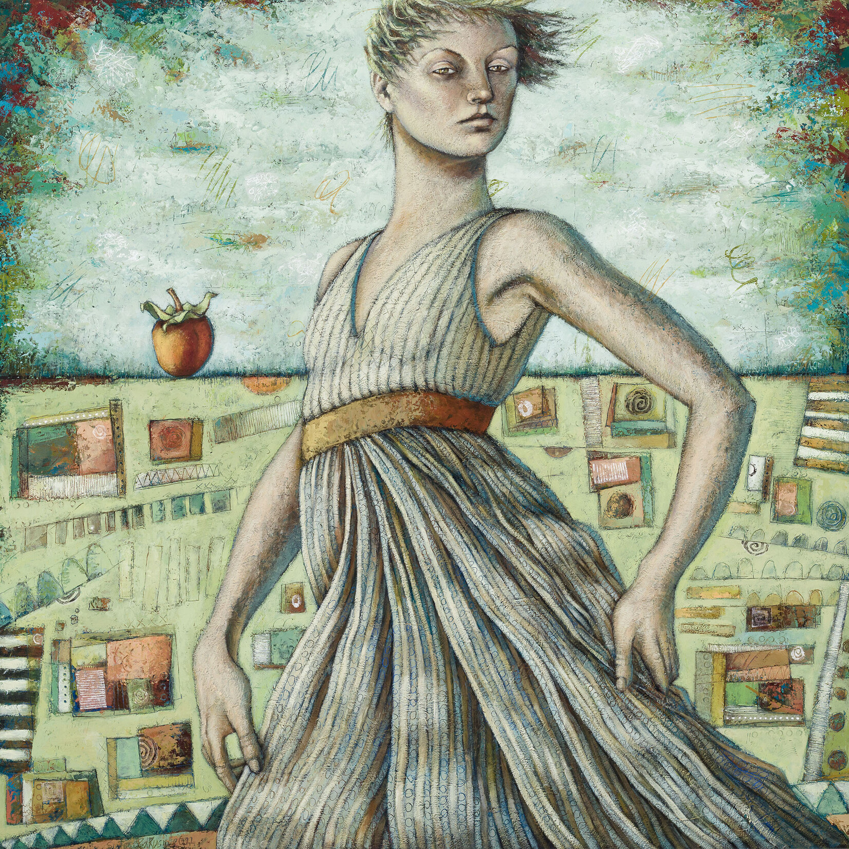 Sudie Rakusin , Woman with Persimmon: Even perception is a choice ,  36” h x 36” w , Muse Gallery