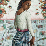 Sudie Rakusin , Woman with Goldfinch: She transforms her own dark into her own light. She sees her private shadows and loves them. 40" h x 30" w , Muse Gallery