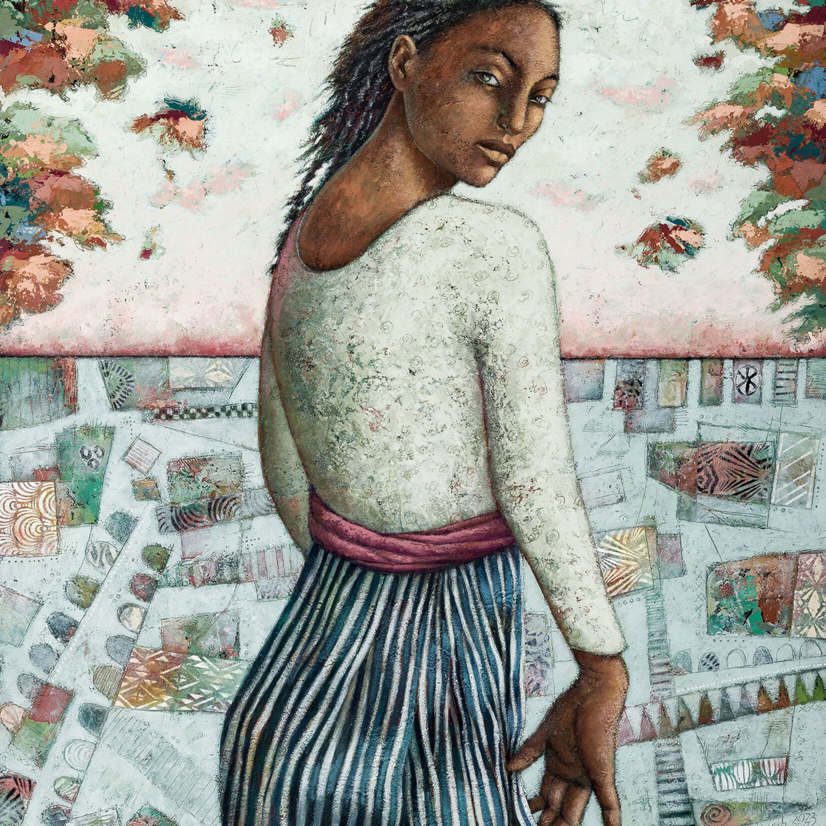 Sudie Rakusin , Woman with Goldfinch: She transforms her own dark into her own light. She sees her private shadows and loves them. 40" h x 30" w , Muse Gallery