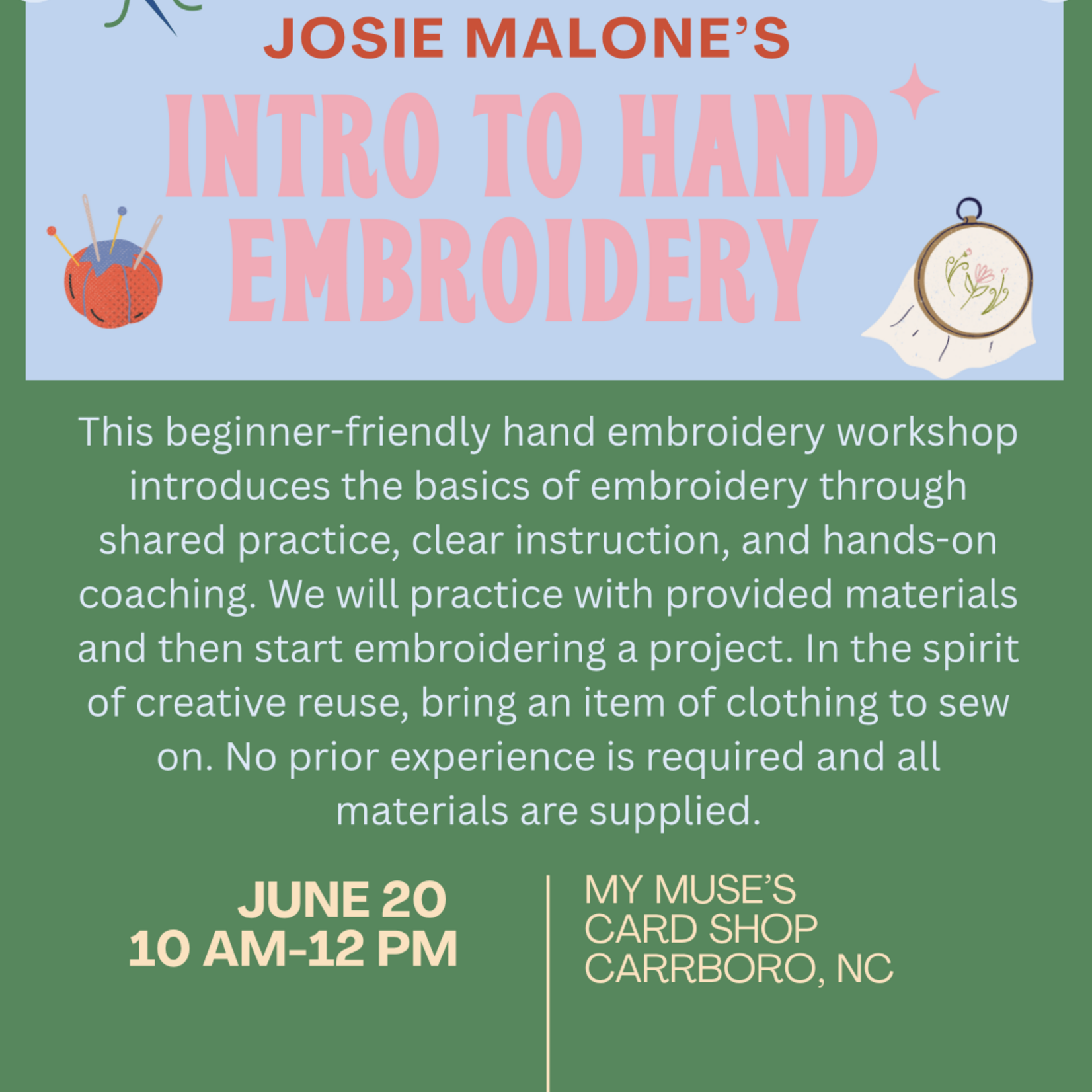 Josie Malone Hand Embroidery Workshop with Josie : How to Chain Stitch (June 20th, 2026)