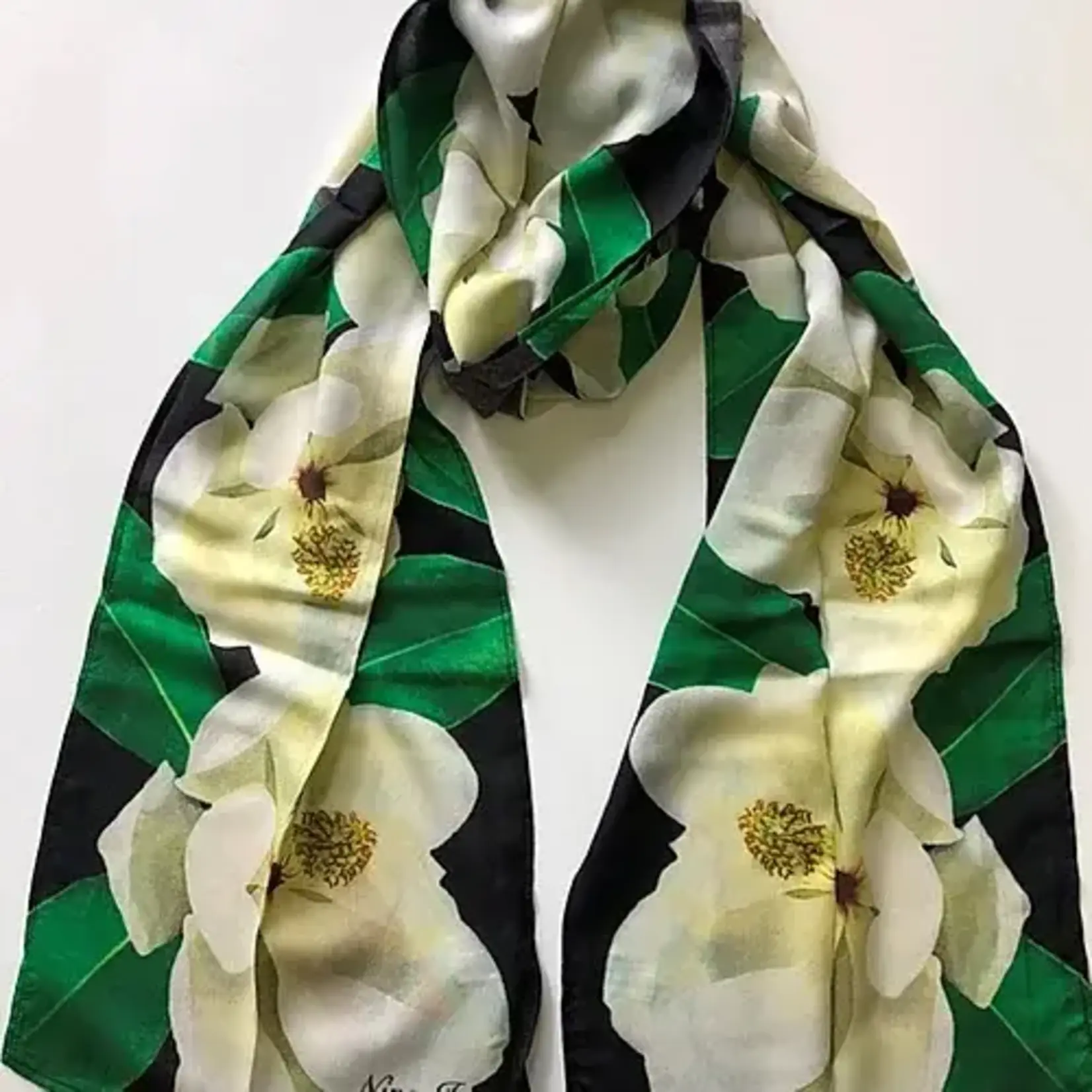 Nina J Nina J Magnolia in Black Background Cotton Scarf