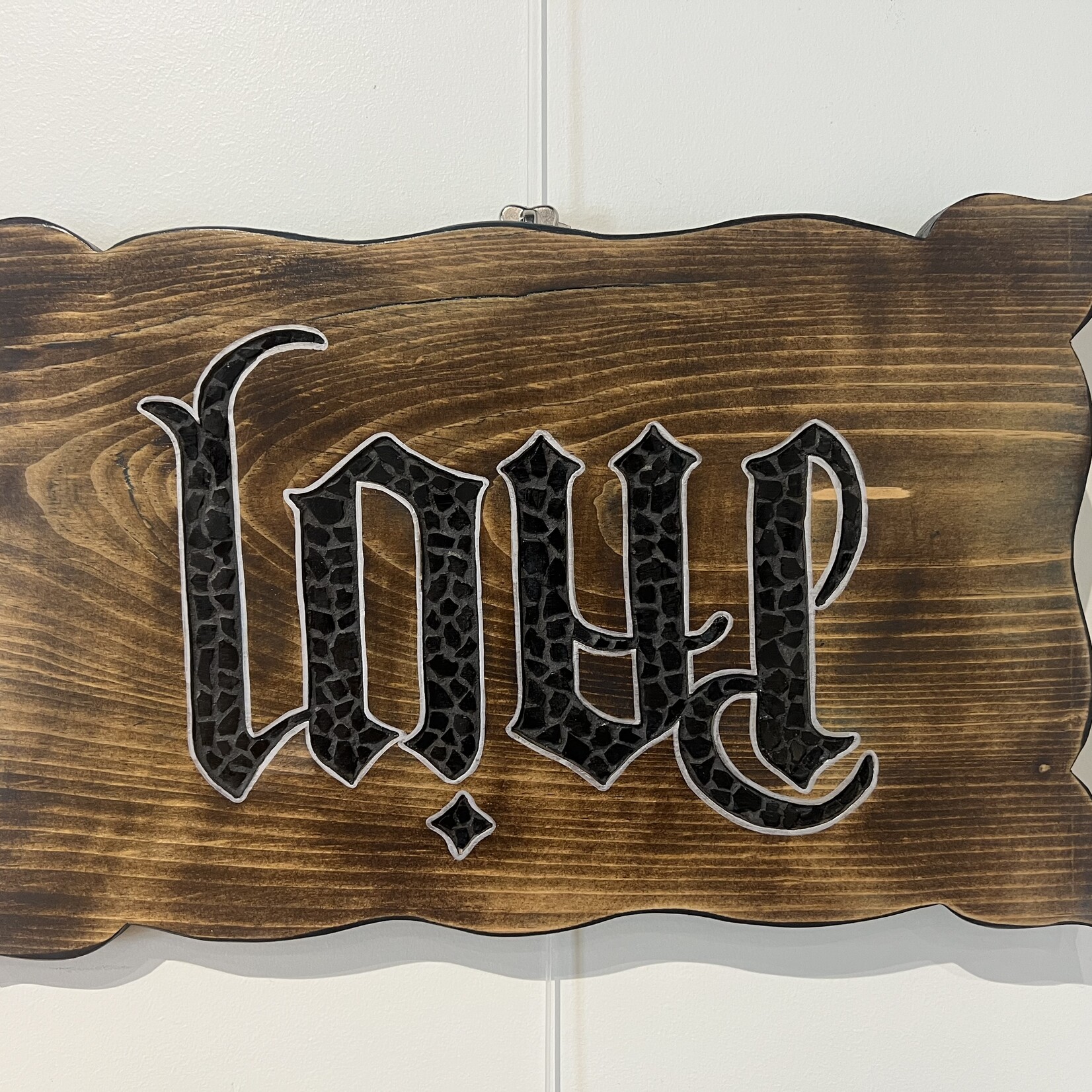 Eryn Donnalley Love /Pain Ambigram Wood and Mosaic